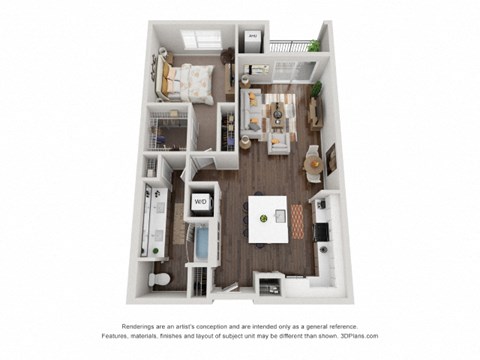 Floor plan for 1 bed, 1 bath, 886 sqft